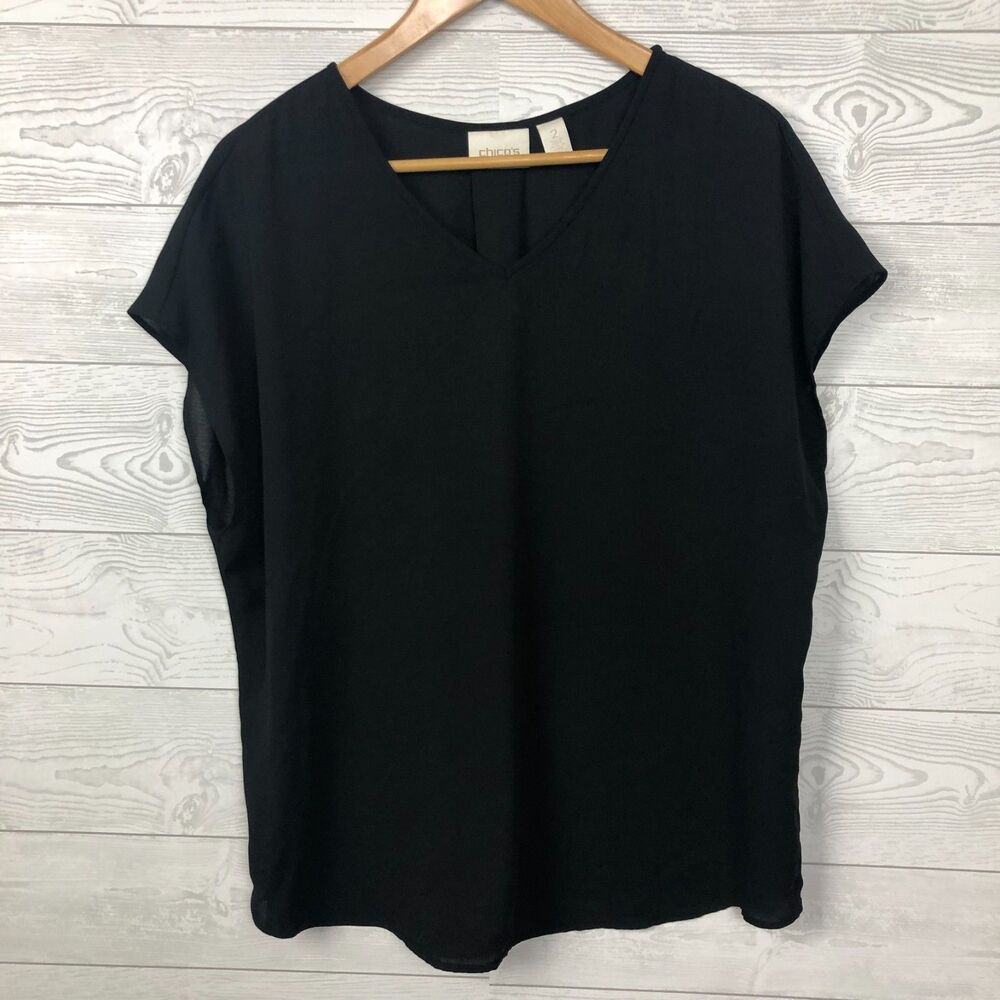 Chico's Women's Size 2/Large Short Sleeve V Neck Top Pleated Back Solid Black